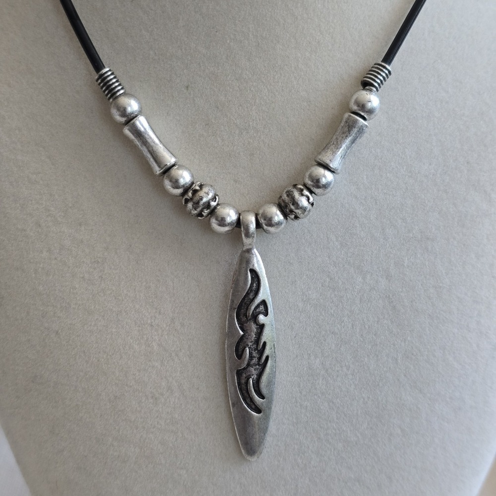 Tribal Style Pendant Necklace on Black Leather Cord – Silver Tone Beads – Unisex